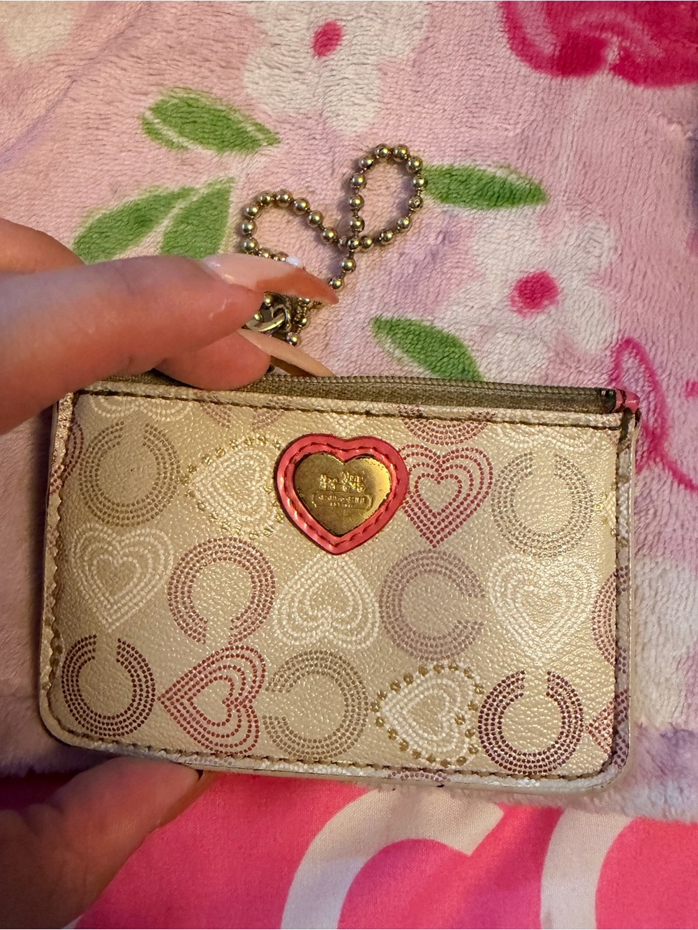 Coach Cream Card Case with Pink Heart Accent